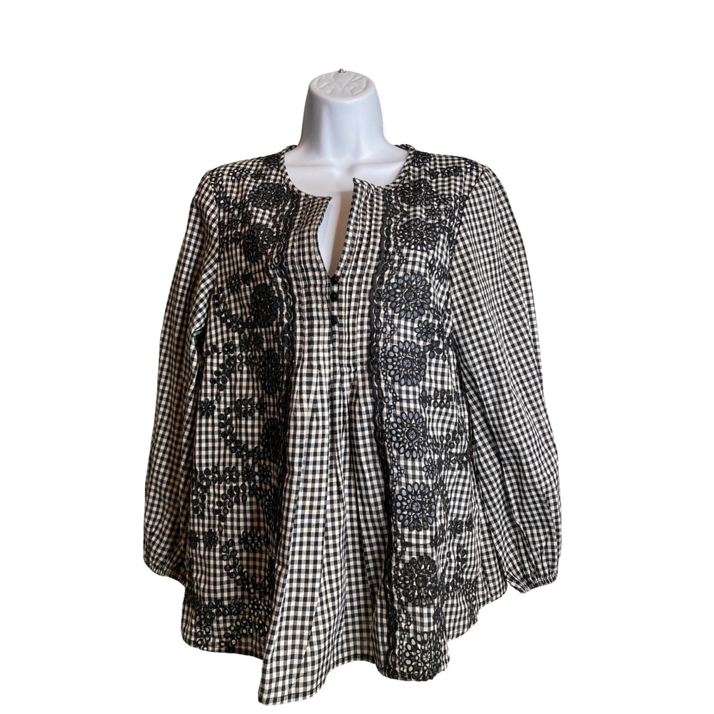 J Crew Womens Embroidered Gingham Popover Blouse Sz S Black White Oversized Boho